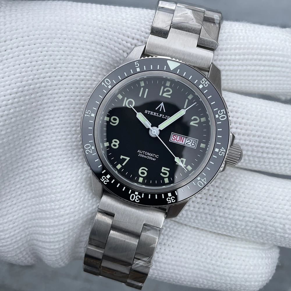 Мужские автоматические часы STEELFLIE Pilot 41 мм, спортивные механические наручные часы для дайвера, 200 м, водонепроницаемые, C3, светящийся сапфир, NH36, дата недели