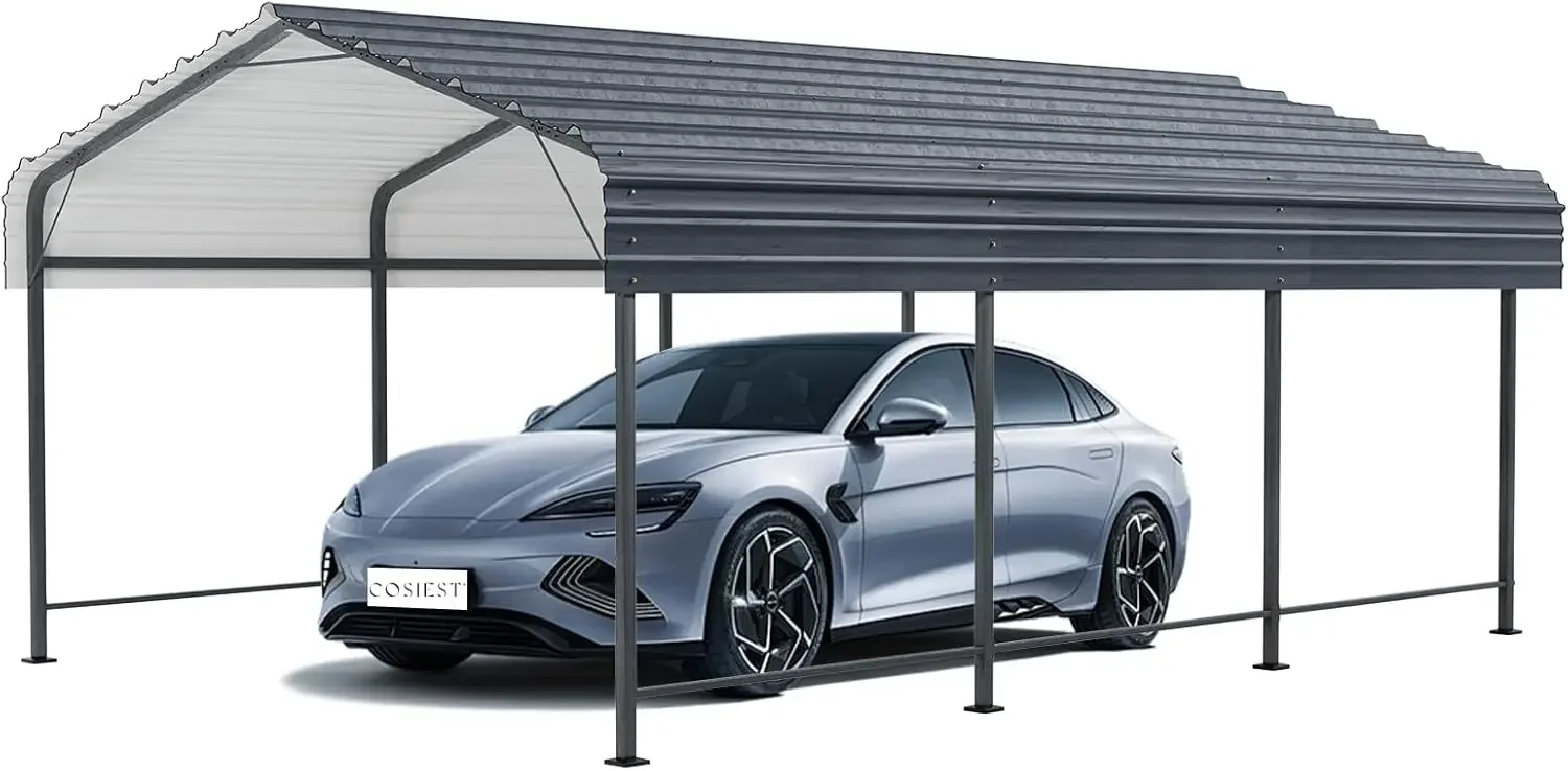 Cosiest 10'X15' Carport With Galvanized Steel Roof, Heavy Duty Metal Carport Canopy, Outdoor Garage Car Shelter Shade For Car,