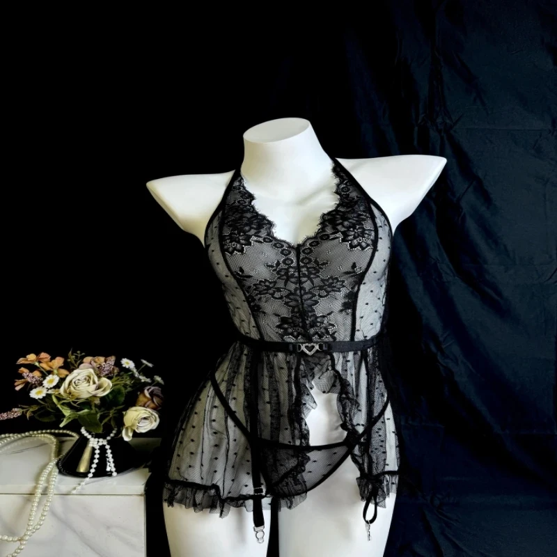 Bikini Sexy Pure Desire Style See-through Mesh Temptation Uniform Sexy Lingerie with Fishnet Stockings Set