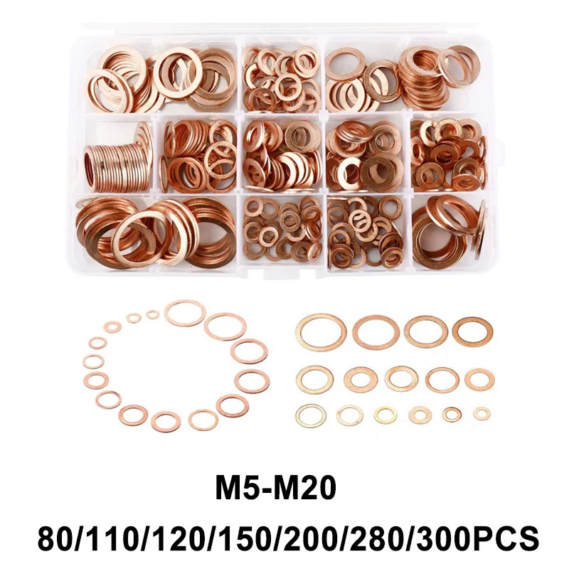 

Copper Washers Gasket Assortment Set M5/M6/M8/M10/M12/M14/M16/M18/M20 Metric Flat Sealing Crush Washer For Sump Plugs 80-300pcs