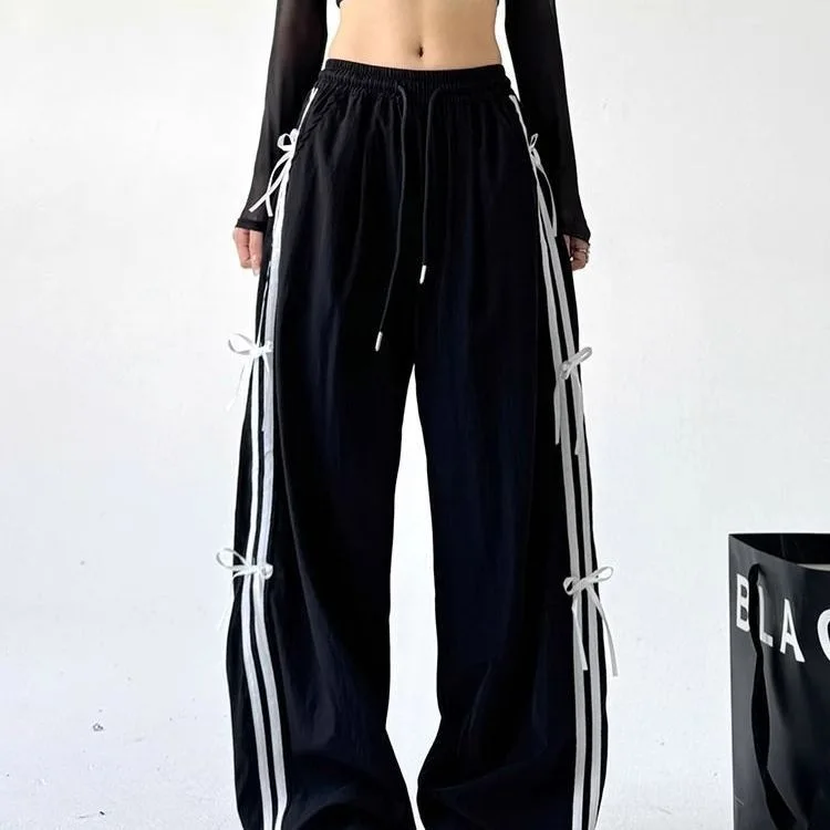 XIZOU American Style Retro Side Stripe Knot Dstring Wide Leg Pants Women High Waist Casual Sports Trousers Workwear Straight