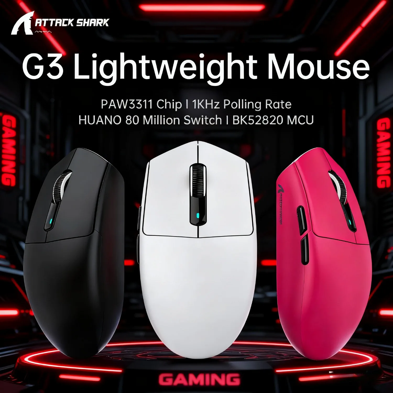ماوس ألعاب ATTACK SHARK G3 لاسلكي 1K هرتز ثلاثي الوضع PAW3311، 25000 ديسيبل متوحد الخواص 400IPS BCM52820MCU لملحقات ألعاب الكمبيوتر هدية