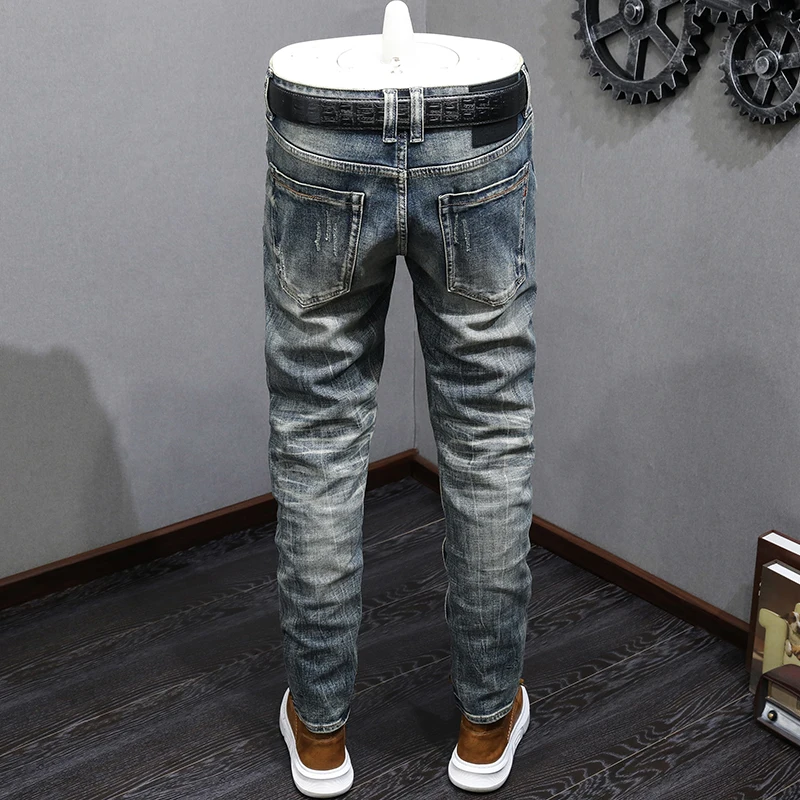 Newly Fashion Designer Men Jeans Retro Blue Stretch Slim Fit Ripped Jeans Men Elastic Trousers Vintage Casual Denim Pants Hombre