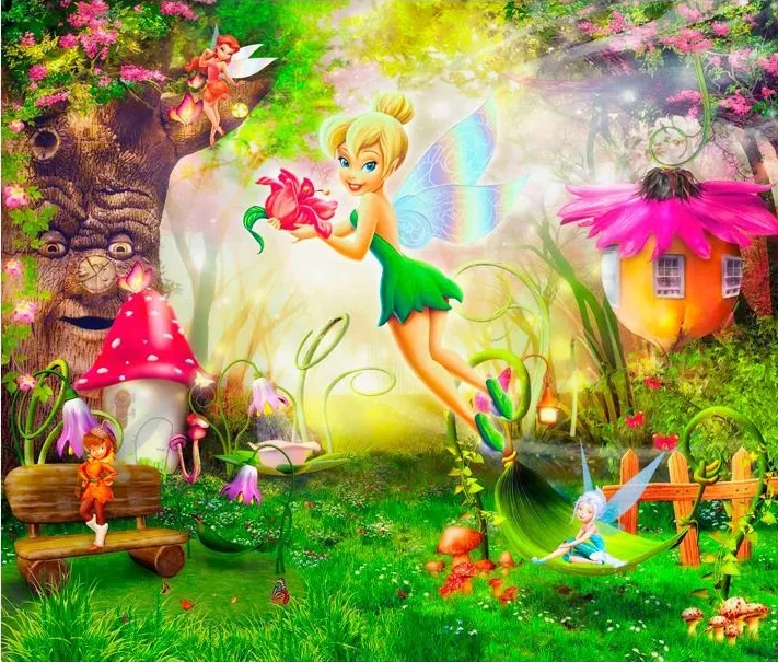 Tinkerbell Backdrop Disney Princess Elf Birthday Party Photography Backgrounds Fairy Photo Green Forest Booth Props Banners