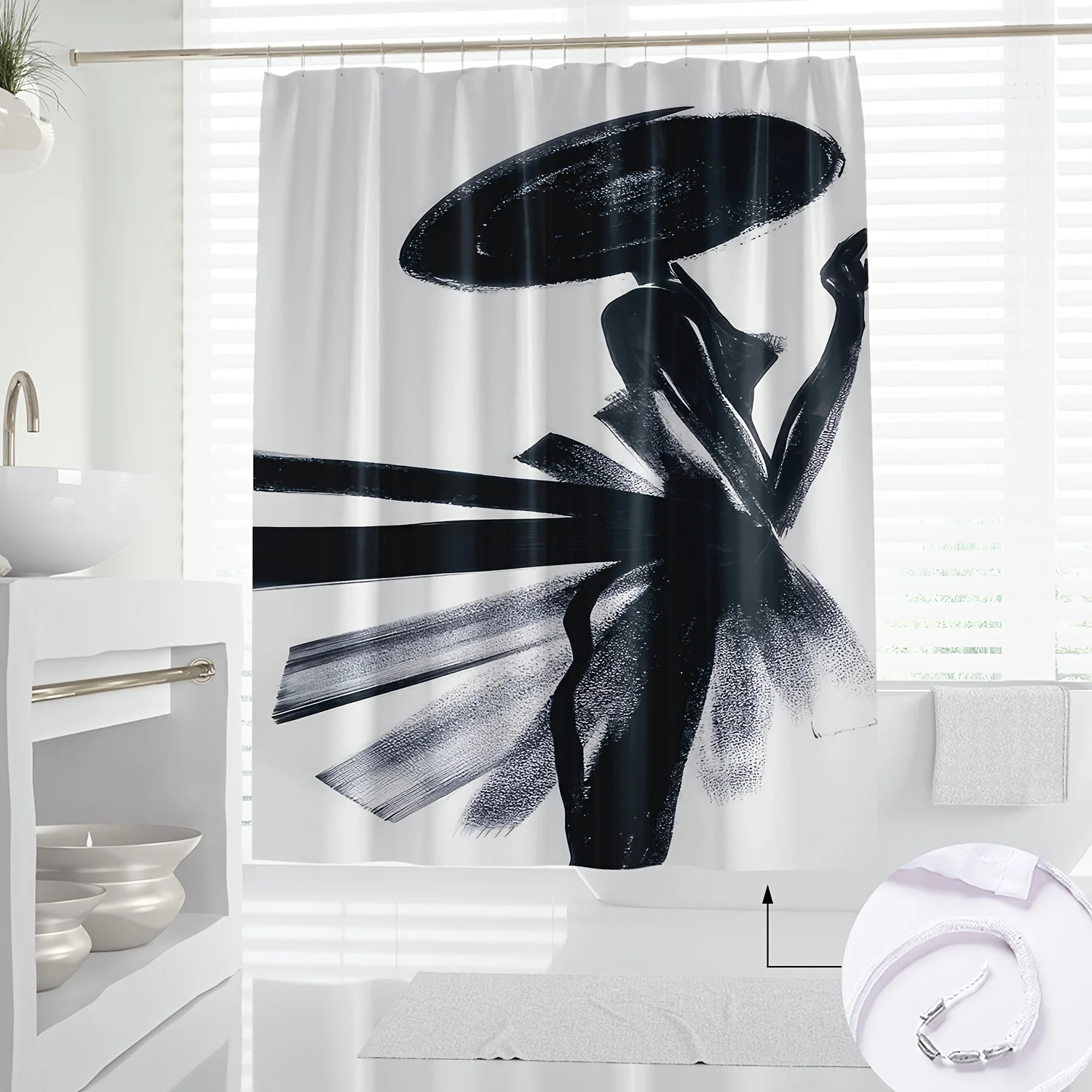 

1pc Minimalist Line Art Abstract Woman Silhouette Shower Curtain - Modern Polyester Bath Decor with Black and White Design, Mach