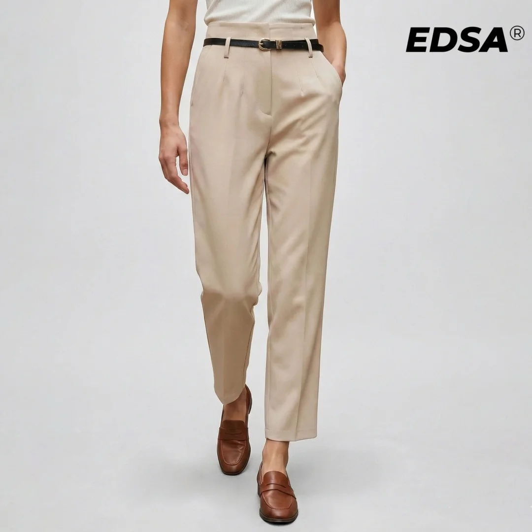 EDSA Women Fitted High Waist Trousers with Belt Straight Leg Long Pants for Office Lady Streetwear