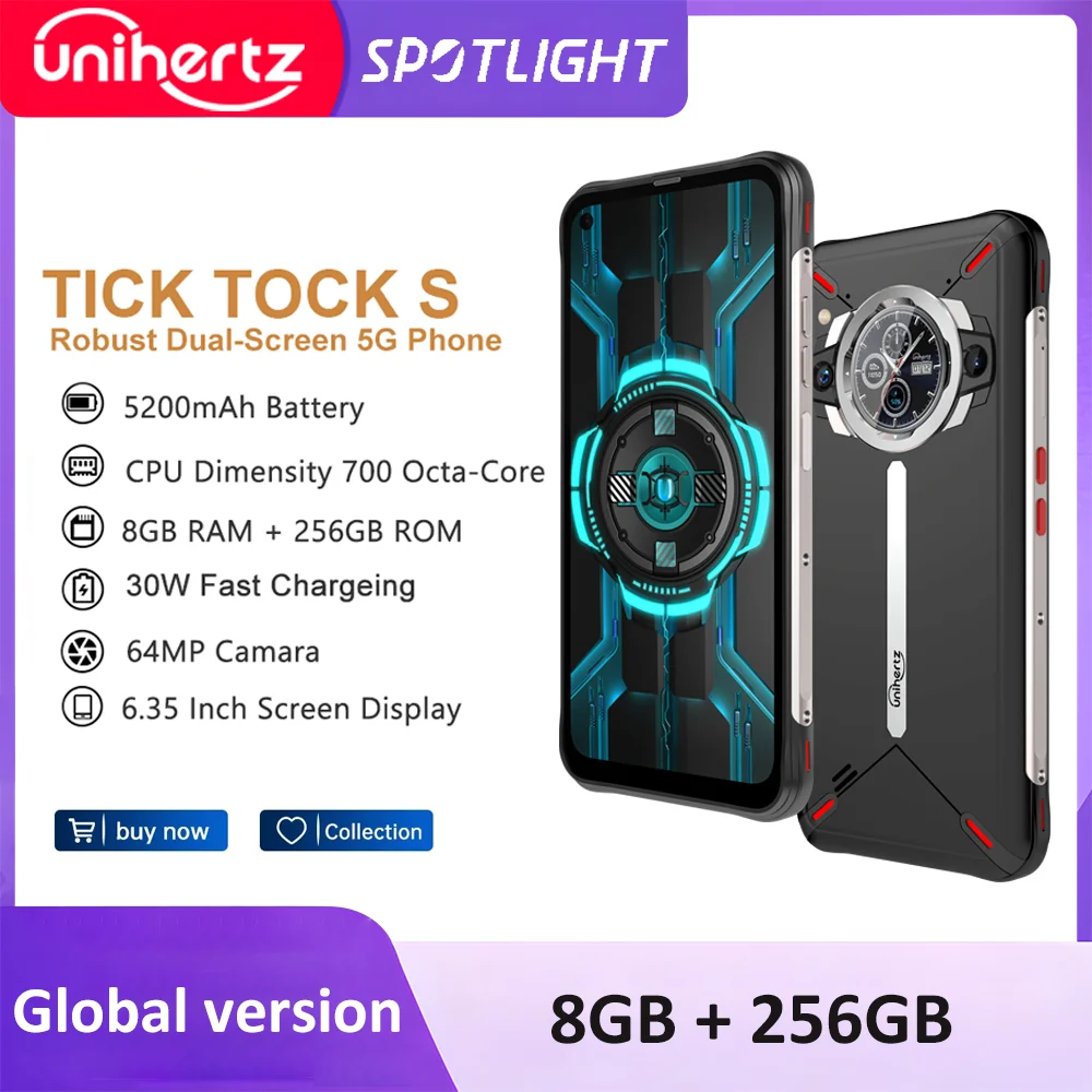 Unihertz-Smartphone ticktock-s Slim 5G, 8GB, 256GB, 5200mAh, pantalla Dual, cámara de 64MP, Dimensity 700