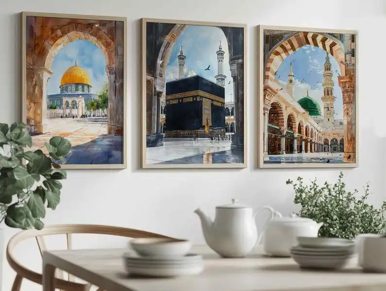 1/3pcs Islamic Mosque Architecture Watercolor Painting Canvas Print Muslim Arabic Calligraphy Wall Art Poster Modern Home Decor