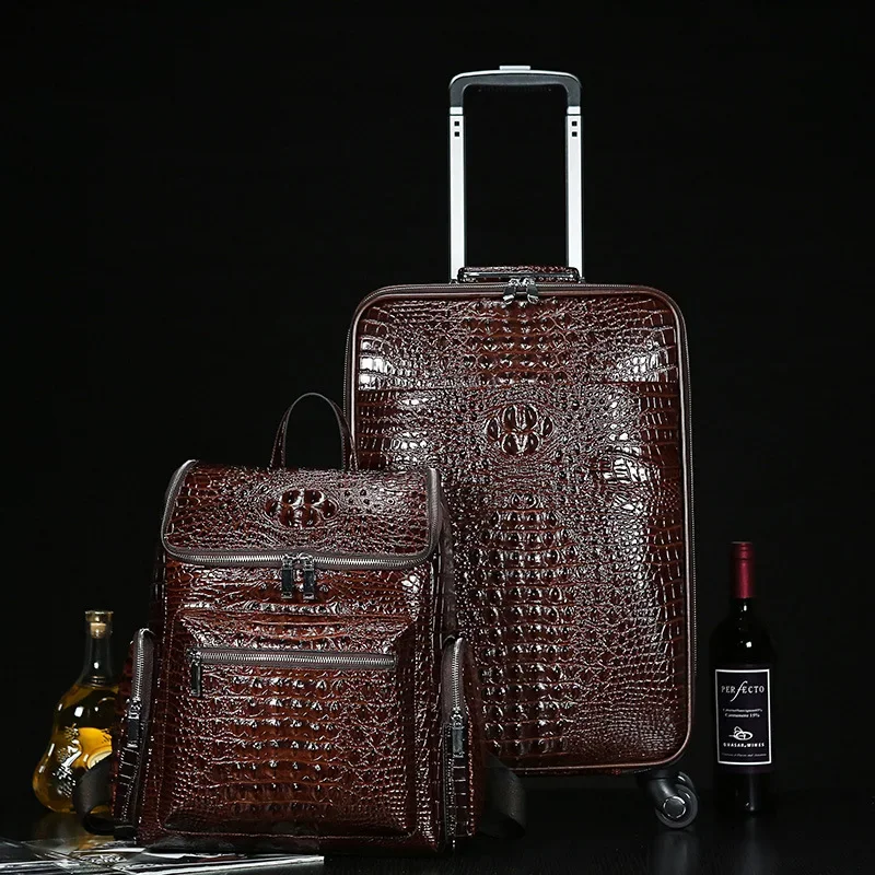 Leather Alligator Print Suitcase Men Head Layer Cowhide Bag Rolling Luggage Set Travel Bag Cabin Suitcases 20 inch Trolley Case