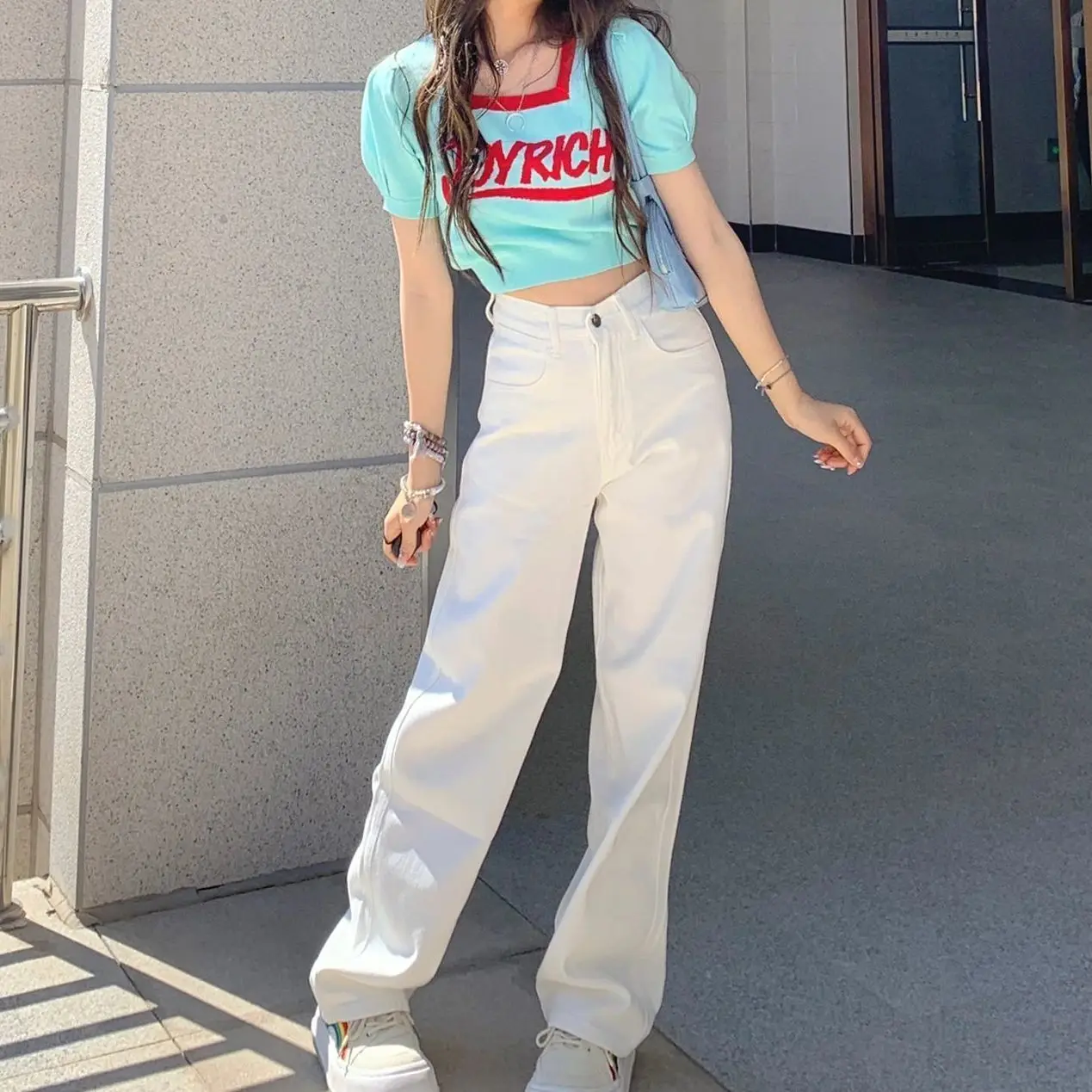

Summer White Vintage High Waist Wide Leg Jeans Women Loose Slimming Casual High Waist Straight Leg Pants Floor-Length Pants