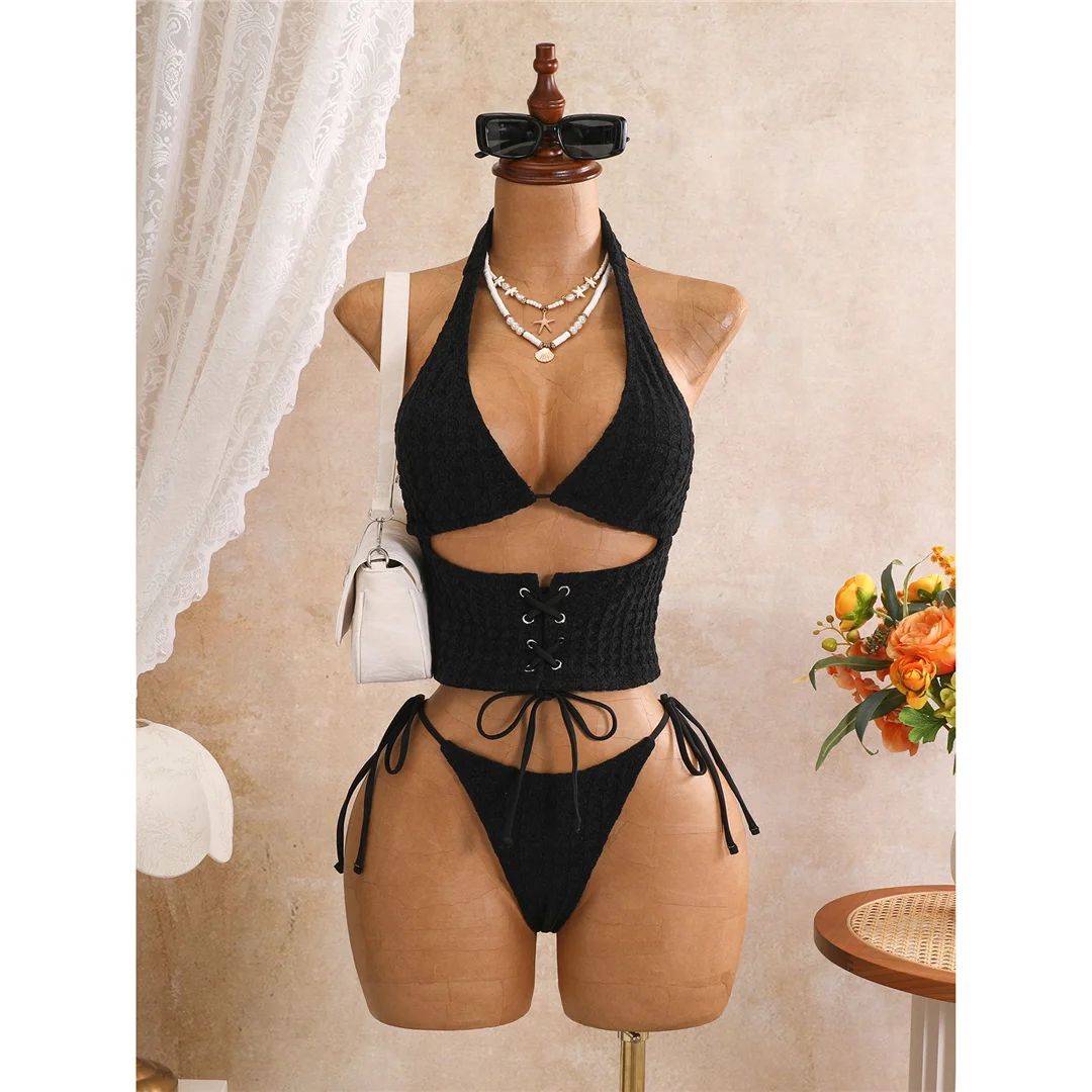 Tankini mit Schnürung, Neckholder-Bikini, Damen-Badeanzug, zweiteiliges Bikini-Set, Badeanzug mit hohem Beinausschnitt, Badebekleidung, Schwimmanzug V8340 – Detail 10