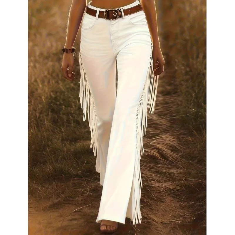 2026 Fashion Commuting Solid Color Pants Women's Spring Elegant Slim Tassel Deer Velvet Flared Trousers Retro Versatile Pants