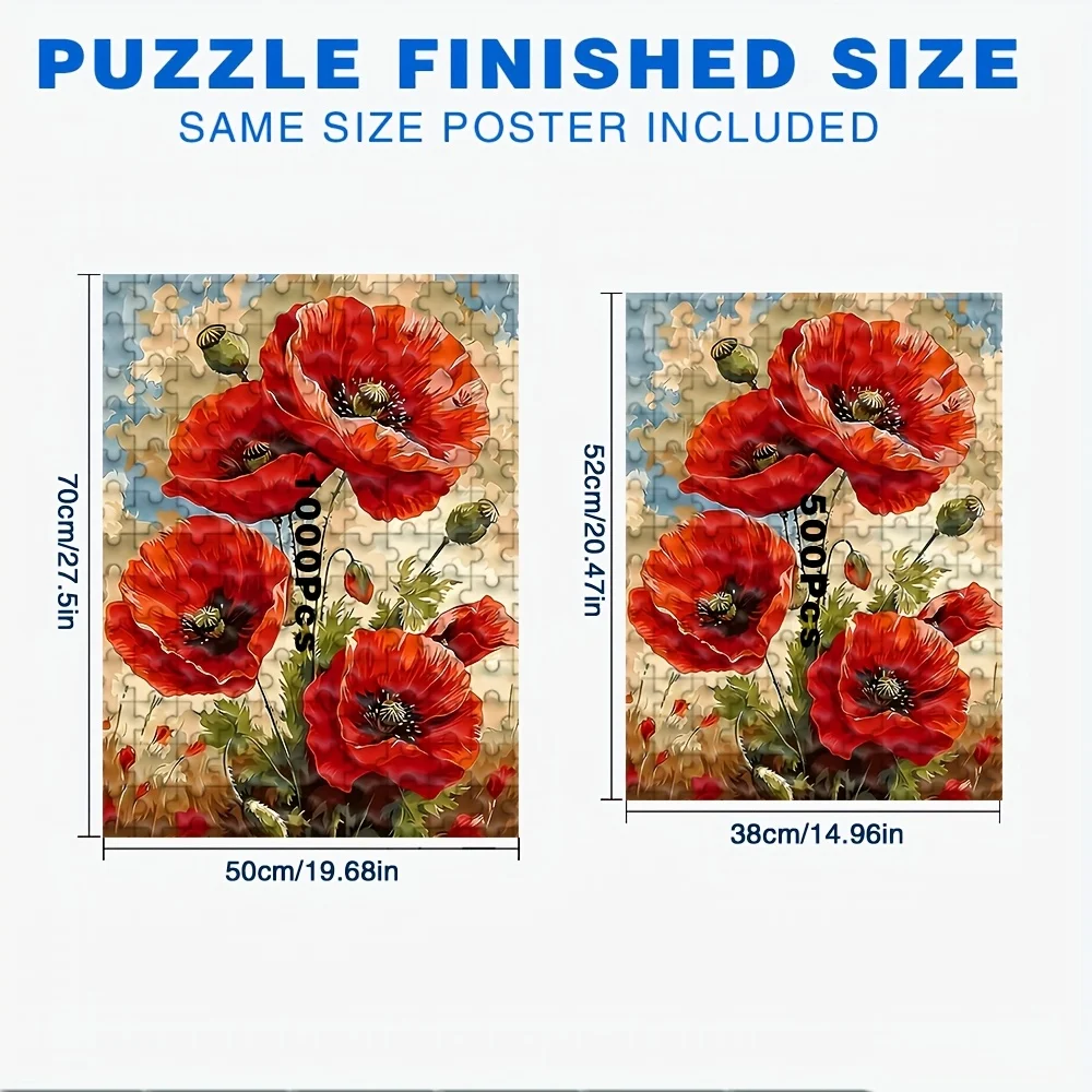 500/1000 قطعة لغز كبير للبالغين - حقل زهرة الخشخاش الأحمر والخشخاش الأبيض مع النحل، قطع تشيعة المكعب 5D/6D، #2