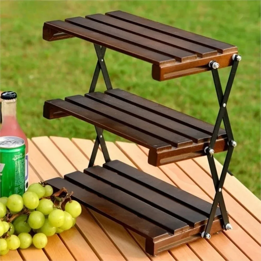 Camping Folding Shelf Installation Free Wooden Outdoor Storage Racks Portable Multi-Functional Three-Layer Camping Storage Rack