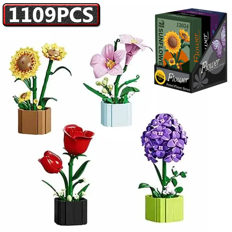 

City Sunflower Lily Lilac Rose Potted Flowers Model Bricks Friends Desktop Decoration Creativity Building Block Valentine's Gift