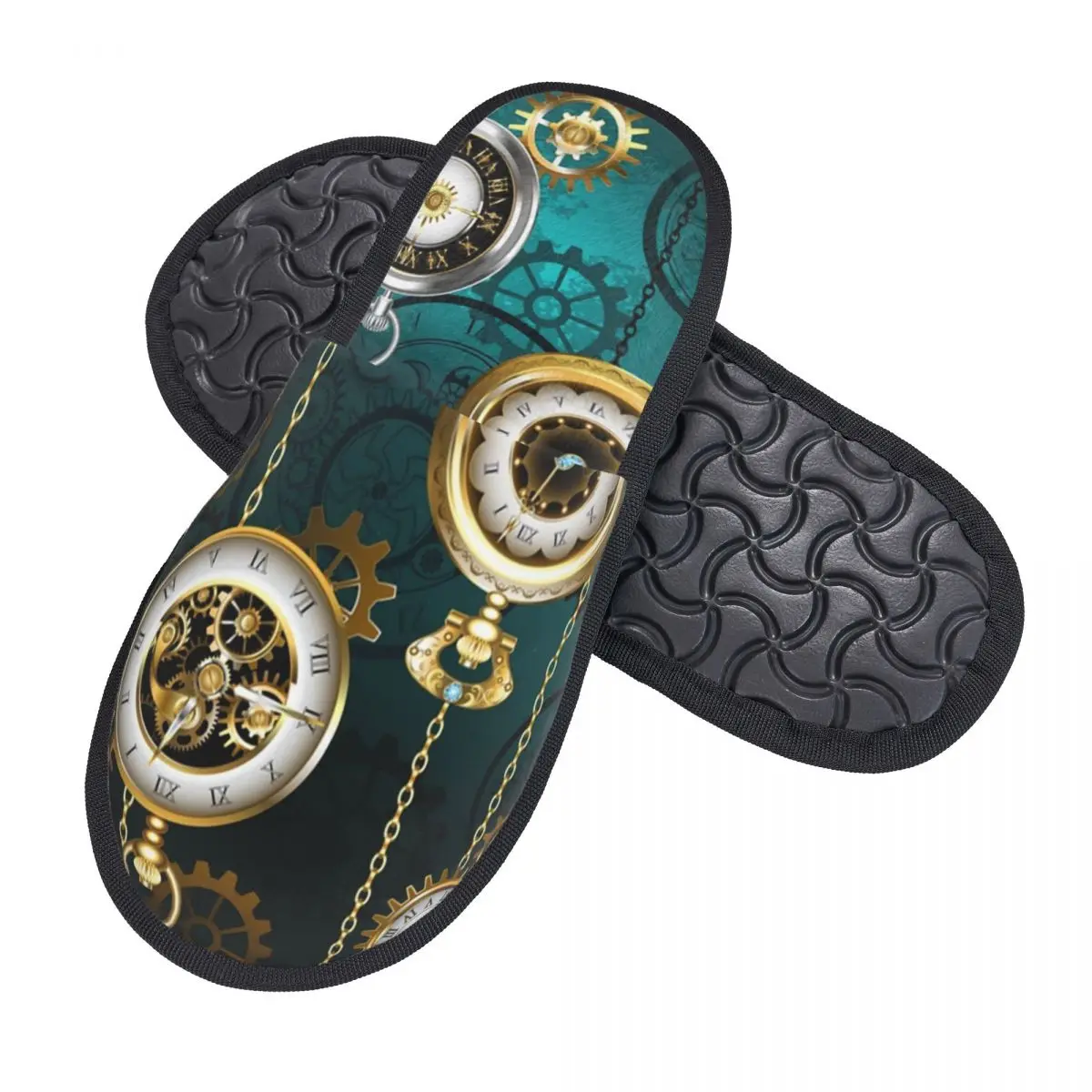 Custom Steampunk Watch With Chains On Green Background Soft Memory Foam House Slippers Women Cozy Warm Anti-Skid Slipper