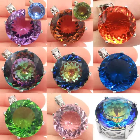 Compre 4 e ganhe 1 grátis 30x20mm SheCrown grande pedra preciosa 7.4g fogo arco-íris místico topázio rosa kunzite azul topázio pingente de prata