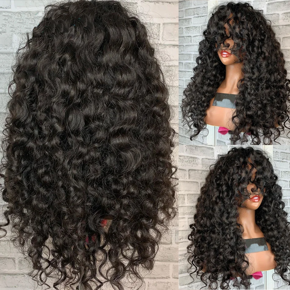 Soft Natural Black 26Inch Kinky Curly Long 180Density Machine Wig With Bangs For Women High Temperature Fiber Glueless Daily