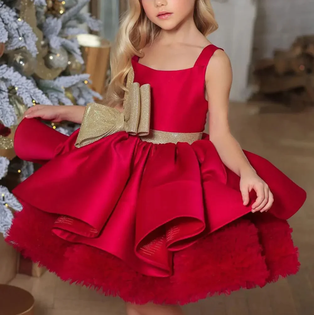 

Red Christmas Satin Girl Dress Knee Length with Bow Square Collar Lilac Princess Baby Wedding Birthday Party Gown