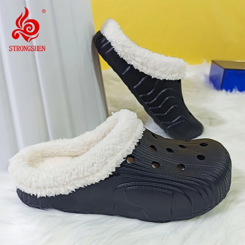 

STRONGSHEN Winter Cotton Slippers Men Women Outdoor Warm Sneakers Slip On Indoor Plush Home Footwear Platform No-Slip Shoes