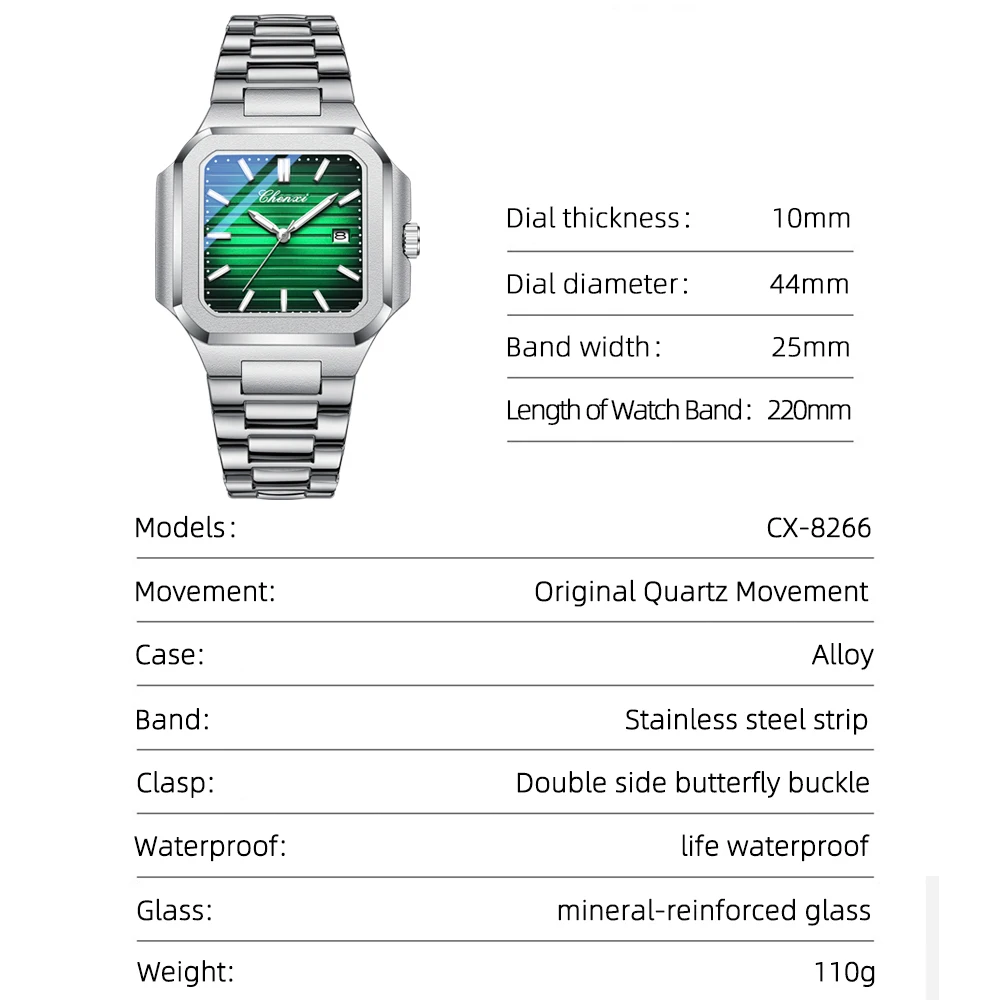 CHENXI Luxe Vierkant Quartz Man Horloge Heren Horloges Waterdicht Lichtgevende Datum Week Roestvrij Staal Herenhorloge Mannelijk
