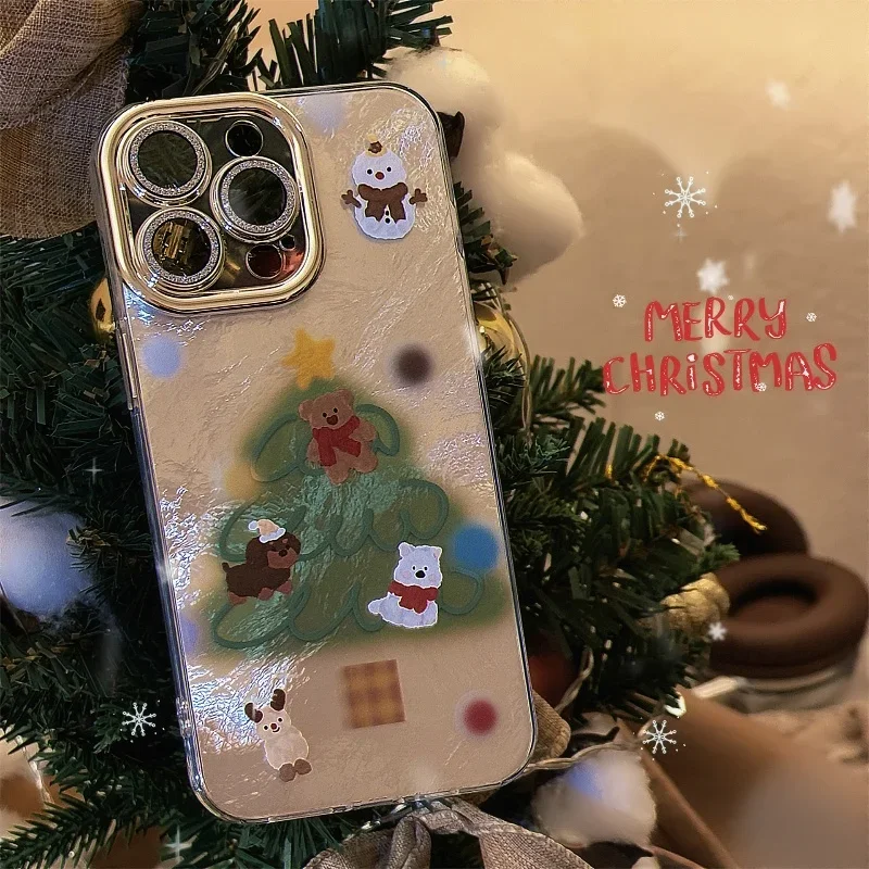 Cute Luxury Cartoon Cover Merry Christmas Snowman Tree Laser Glitter Plating Phone Case For IPhone 16 15 14 13 12 Pro Max Case