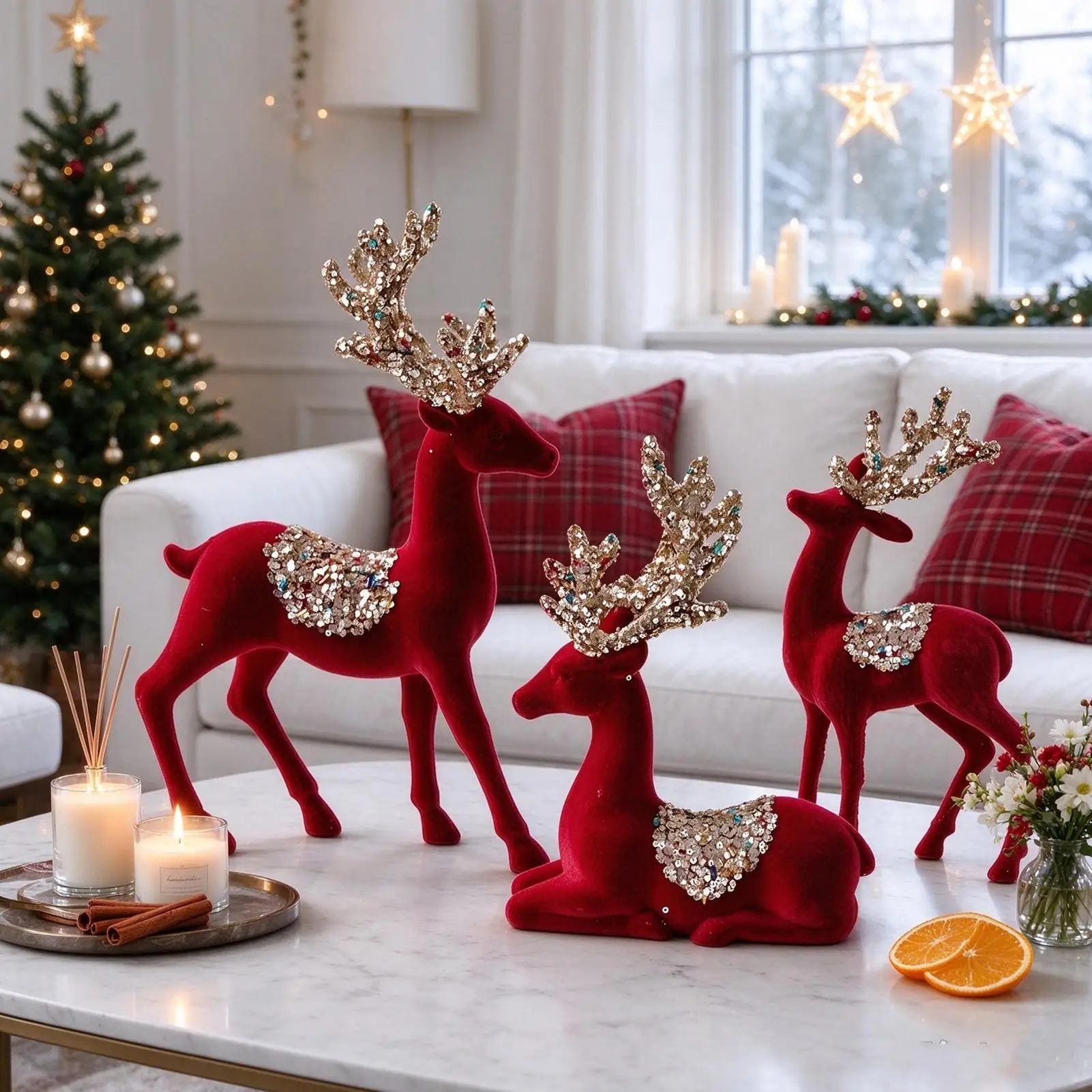 Reindeer Christmas Decor 3 Pieces Flocked Red Reindeer Velvet Statue Indoor Christmas Decor for Cabinets Wardrobes Bedrooms