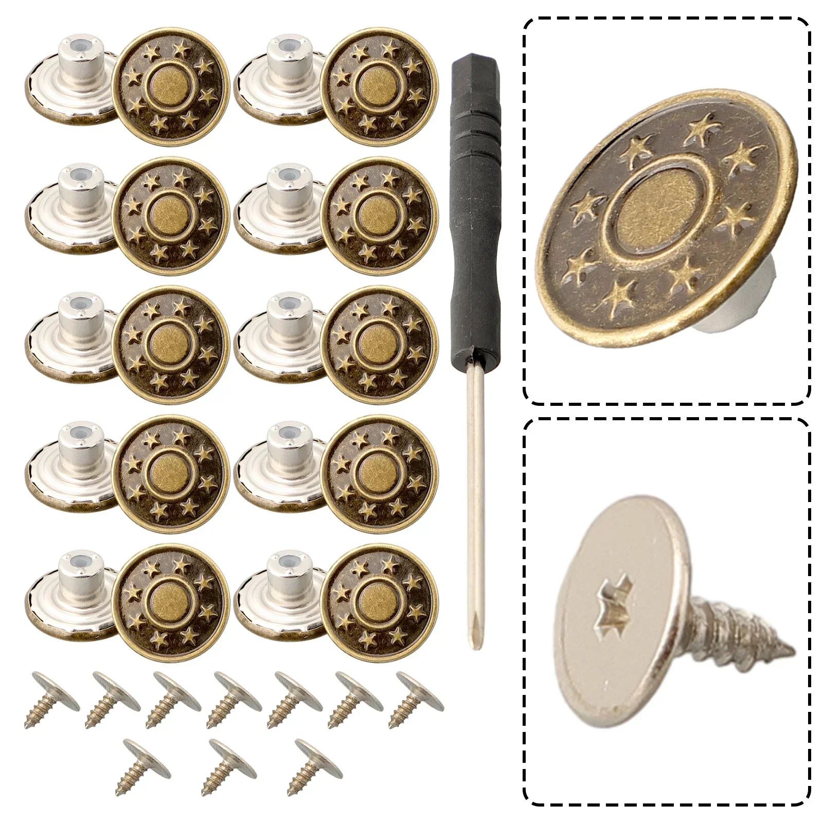 10Pcs Metal Jeans Buttons 17mm Replacement No-Sewing Screw Button Repair Kit Nailless Removable Jean Buckles Clothing Pants Pins