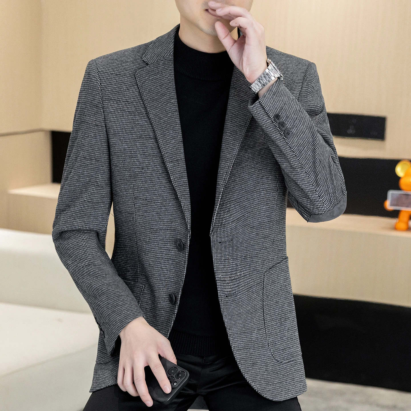 

New Blazer Men Business Gentleman Korean Wedding Fashion Best Man, Trendy and Slimming Solid Color Casual High-end Woolen Blazer