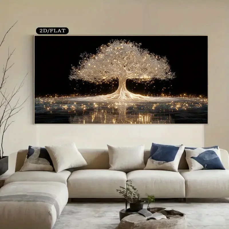 [Glowing Tree of Life Canvas] Extra Large Glowing Tree of Life Canvas Wall Art - 1pc Frameless Modern Minimalist Golden Lights,