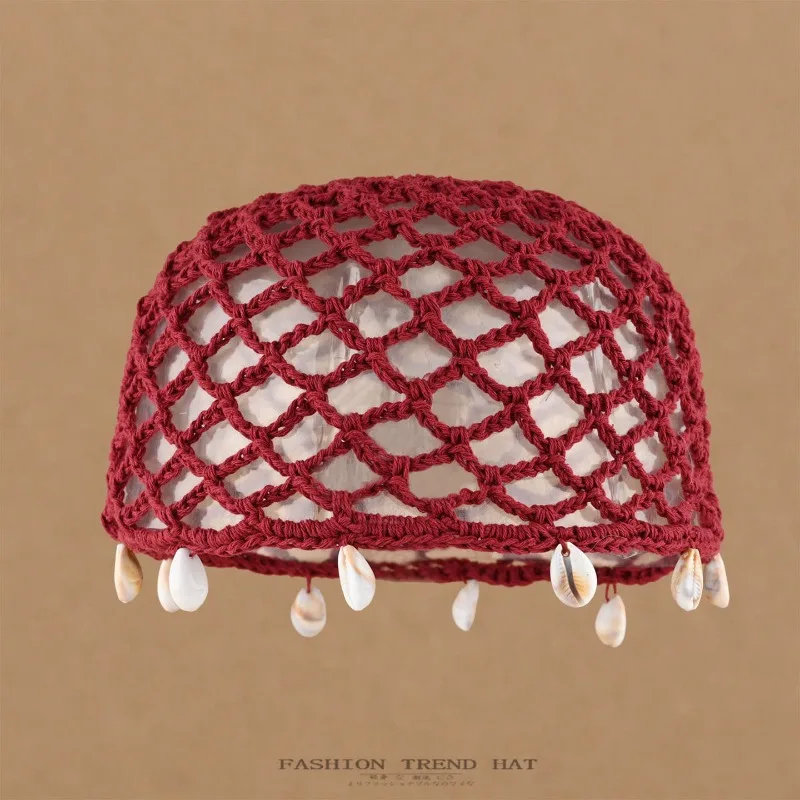 Women's Summer Autumn Handmade Crochet Shell Pendant Hollow Knit Hat Sweet Breathable Beanie