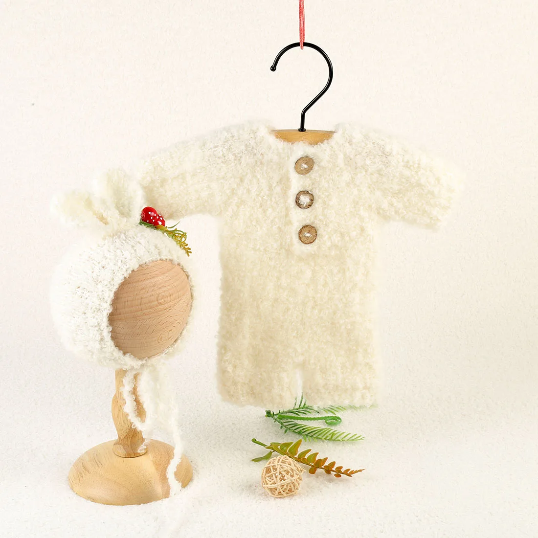 

Cream Knit Baby Girl Fuzzy Romper and Bunny Hat Newborn Photography Props Crochet Baby Boy Outfit Overall Animal Bonnet Set