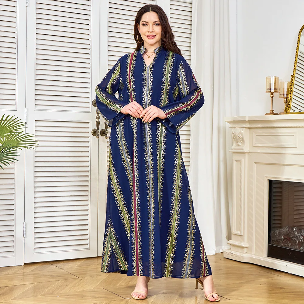 Africa Clothing Middle Eastern Muslim Abaya Women's Long Dress Fashion Sequined Blue Full-Skirted Evening Gown Dresses