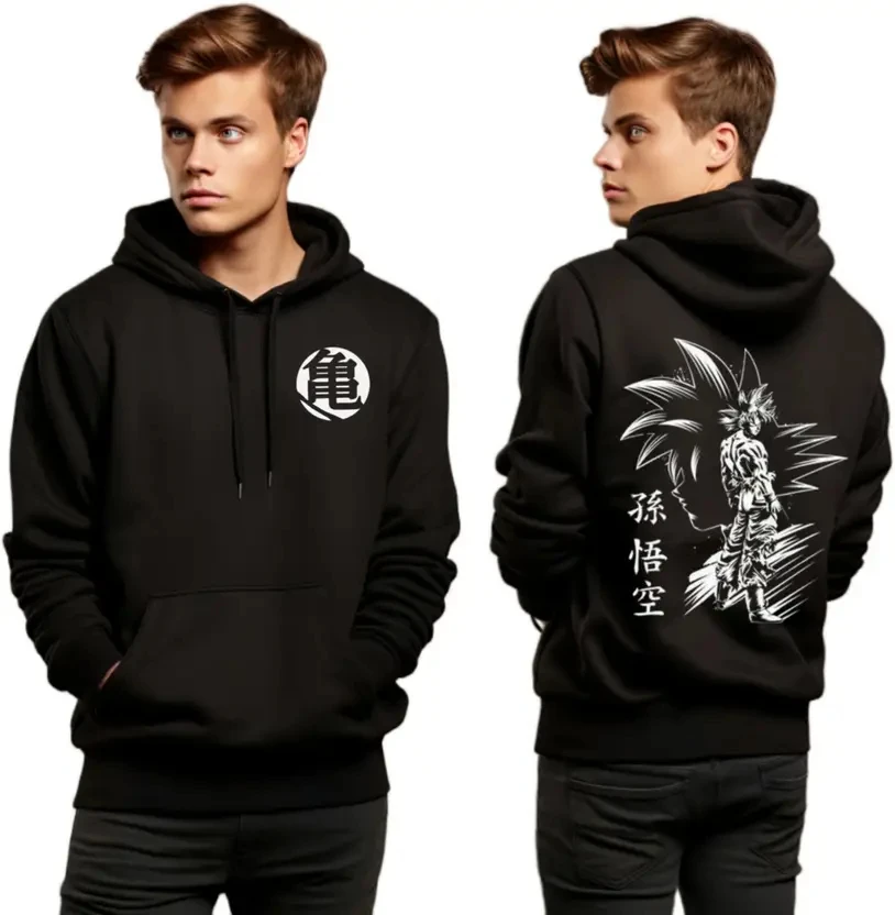 

Dragon Ball Hoodie Black Cotton Son Goku Character Print Anime Cosplay Pullover with Spiky Hair Design Casual Wear