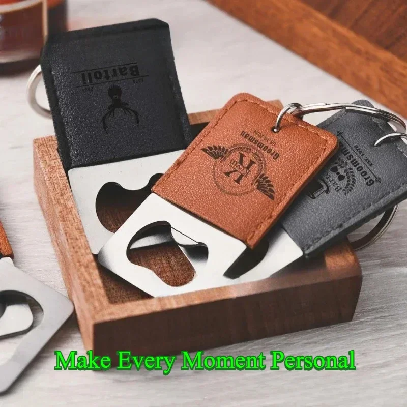 Custom Logo Name Bottle Opener Leather Keychain Personalized Laser Engraved Stainless Steel Keyring Vintage Car Key Chain Gift