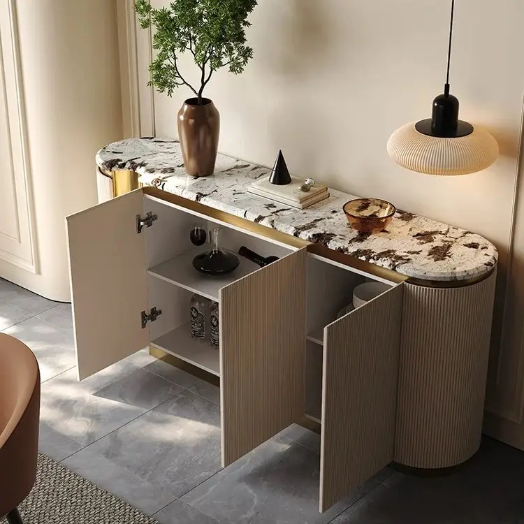 Luxury sideboard for storage, marble dining room, high-end and stylish gray lacquered entryway cabinet.