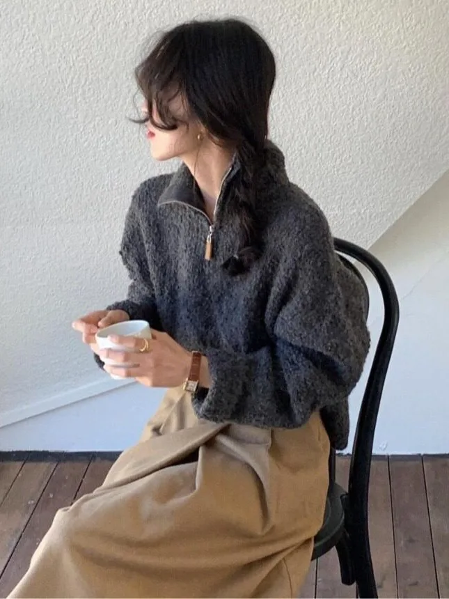 Chic Autumnal Long Sleeve Knitted Sweater Half Zip Furry Texture Blogger Favorite Casual Style Regular Fit Online Exclusive