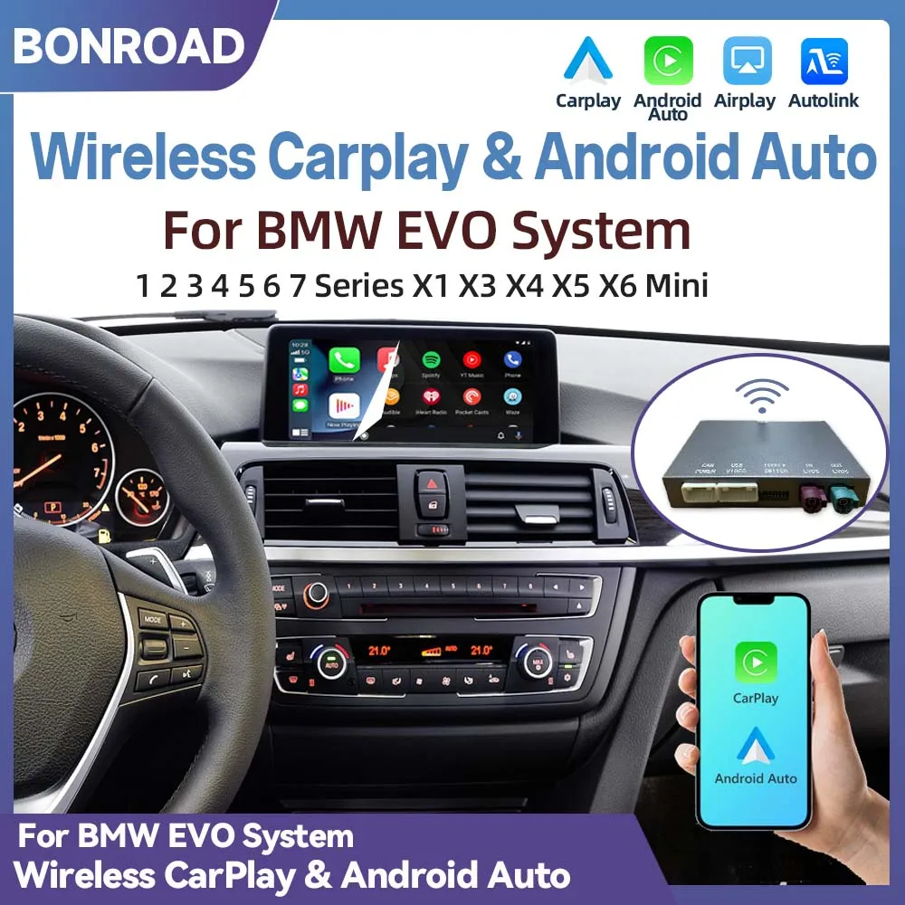 Adapter BONROAD Wireless CarPlay Android Auto do BMW EVO ID5 ID6 Serii 1/2/3/4/5/6/7 X1 X3 X4 X5 X6 Mini F Chassis F20 F22 F30 F32 F34 F36 F15 F16 F48 F49 G11 G13 G30 G31 Bezprzewodowy AirPlay Mirror