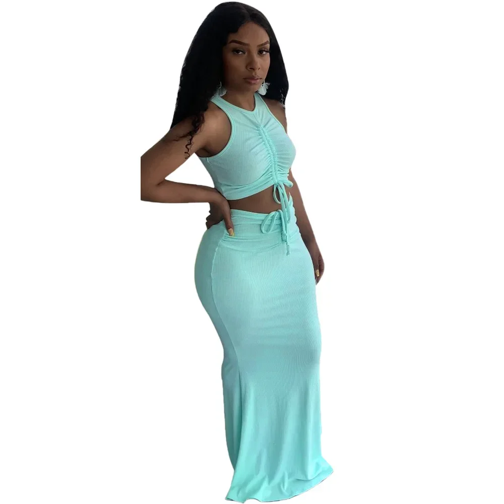 Prowow Two Piece Women Skirts Set Solid Color Ribbed Folds Summer Female Clothing Suits Cropped Tops Slim Fit Matching Outfits