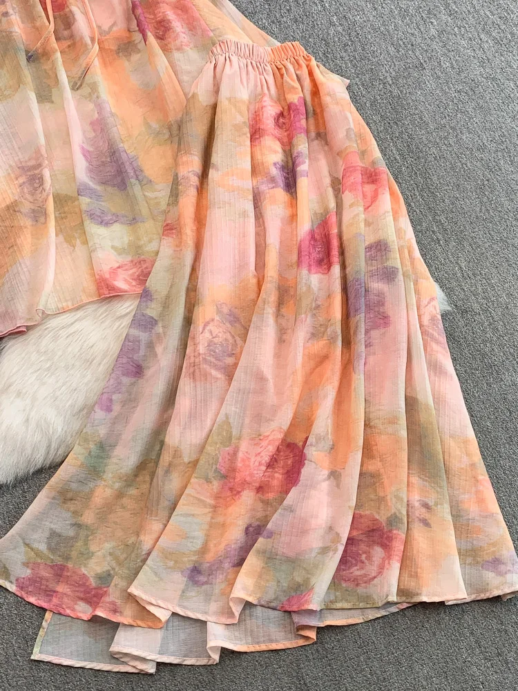 Conjunto de Falda y Csa con Estampado Romántico, Manga Campana, Cintura Alta, Falda Midi Evase de Media Longitud, Conjunto...