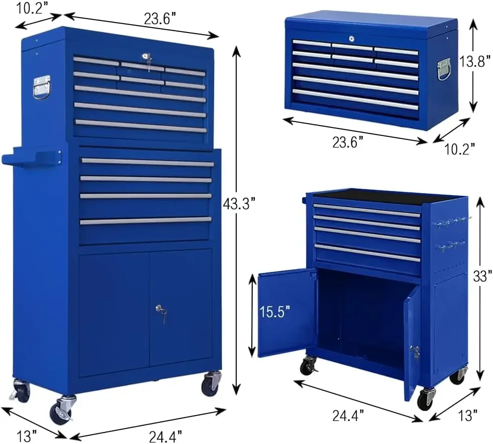 Rolling Tool Chest with Wheels and Double Doors,Tool Cabinet with Drawers,Top Detachable Tool Chest with Hooks Handles for Works