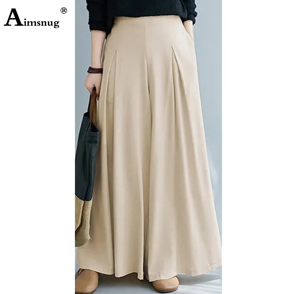 Women Casual Stand Pockets Bloomer Wide Leg Pants Solid Apricot Black Soft Trousers Plus Size Womens Fashion Elastic Waist Pants