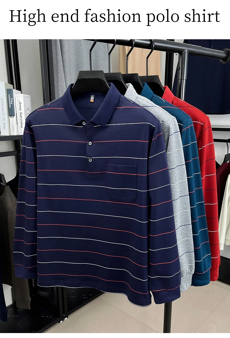 Hochwertiges gestreiftes Langarm-Poloshirt für Herren, neues Komfort-Taschendesign, Frühling/Herbst, luxuriöses Business-Casual-T-Shirt. – Detail 2