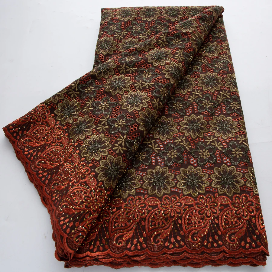 Afrikanischer Baumwollspitzenstoff, mit Strasssteinen bestickte Schweizer Voile-Spitze, elegantes Blumenmuster, hochwertiger Stoff für Damenkleider