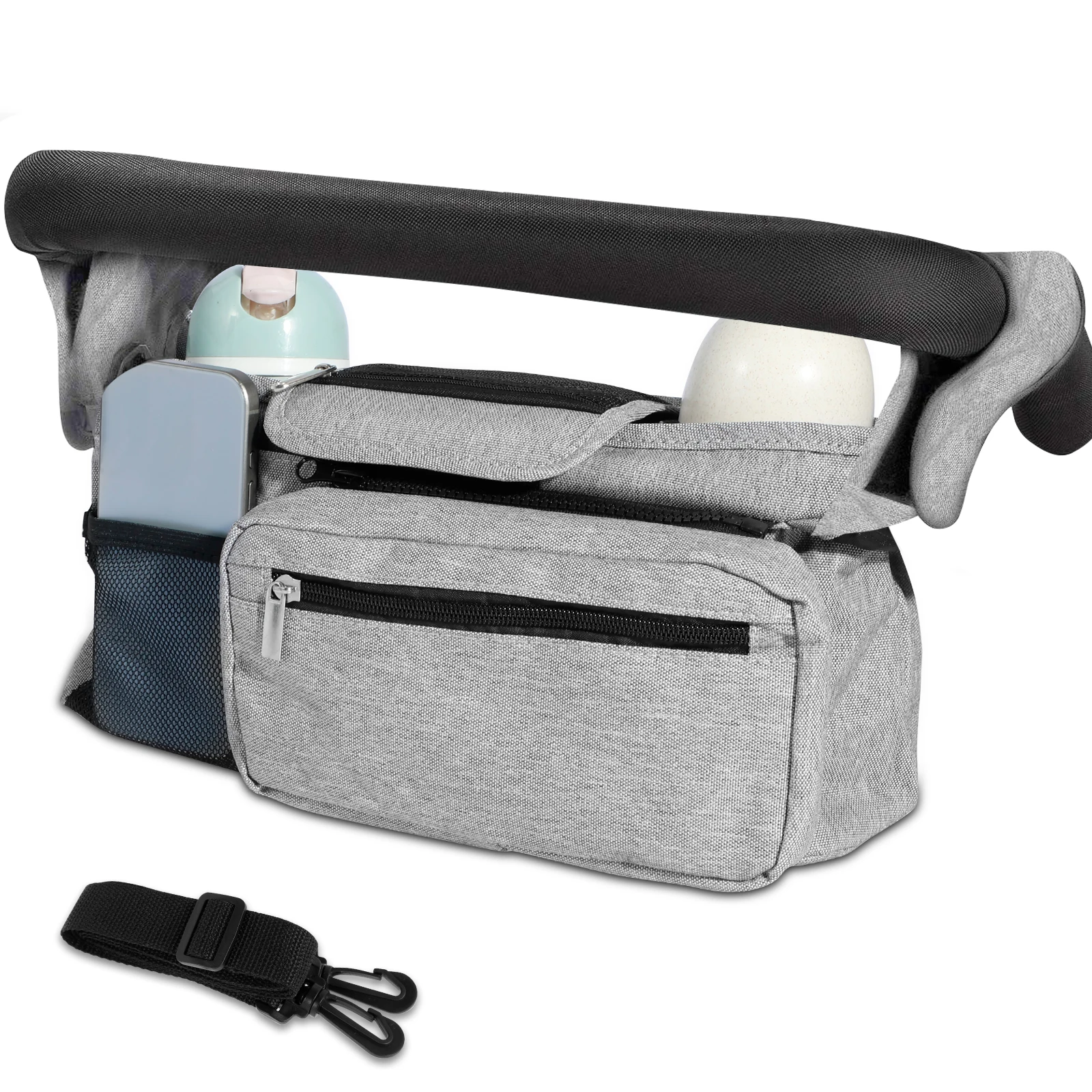 Baby Stroller Organizer with 2 Cup Holder Waterproof Oxford Stroller Caddy Organizer with Detachable Pocket Adjustable Shoulder