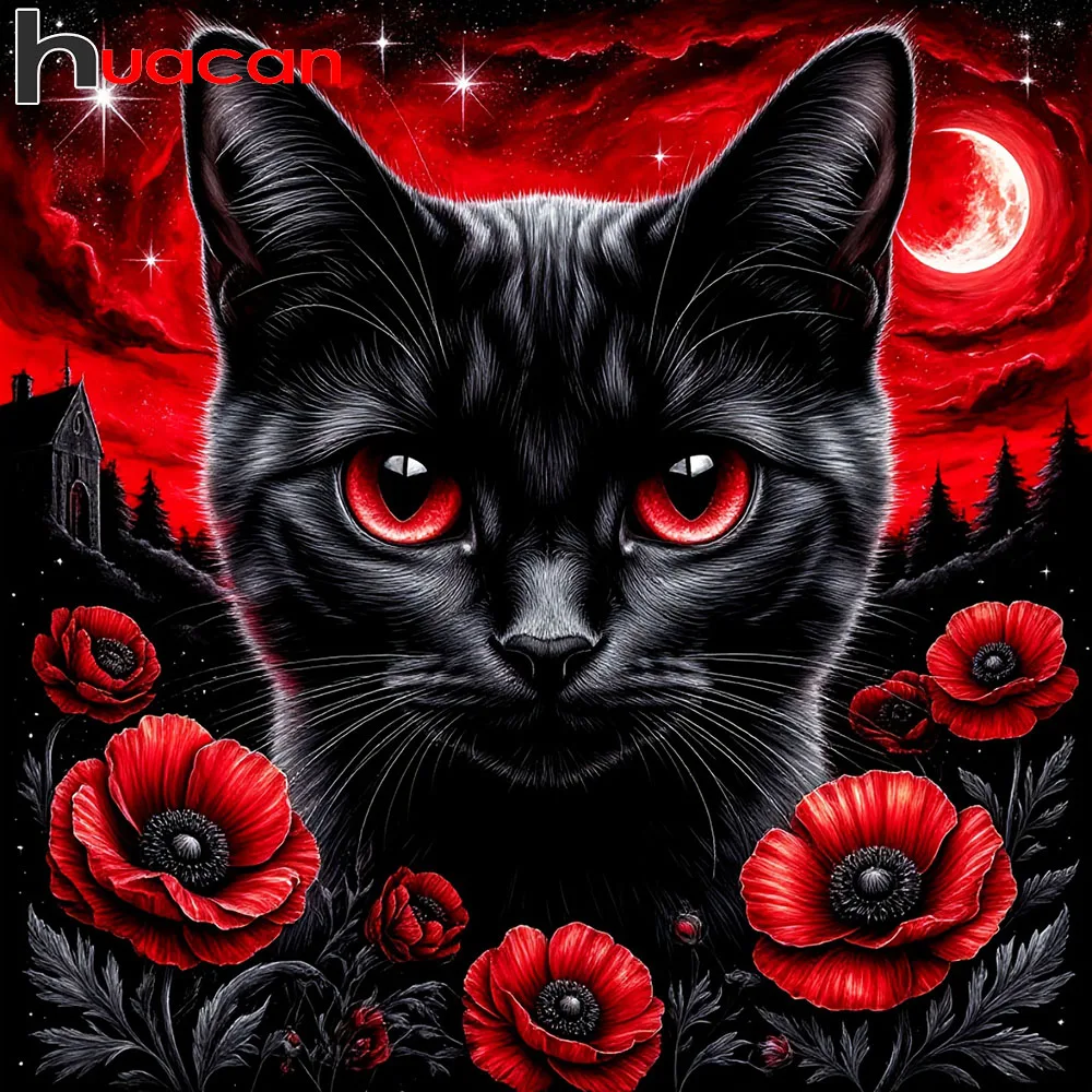 Huacan DIY Diamantmalerei Katze Vollquadratisch Rund Mosaik Tier Blume Dekorative Gemälde Heimdekoration