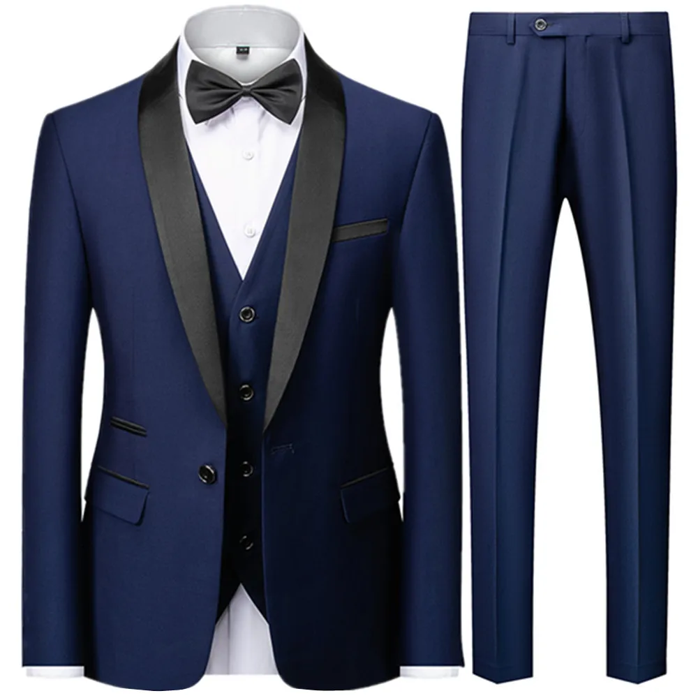 

3 Pieces Set Men's Business Blazers Coat / Male Slim Fit Color Matching Collar Suit Tuxedo Leisure Jacket Pants Vest Wedding