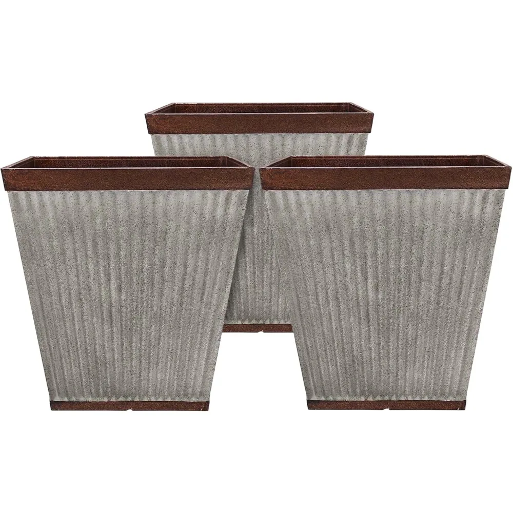 

16 Inch Square Rustic Resin Indoor Outdoor Garden Planter Urn Pot for Flowers, Herbs, and Flowers (3 Pack)