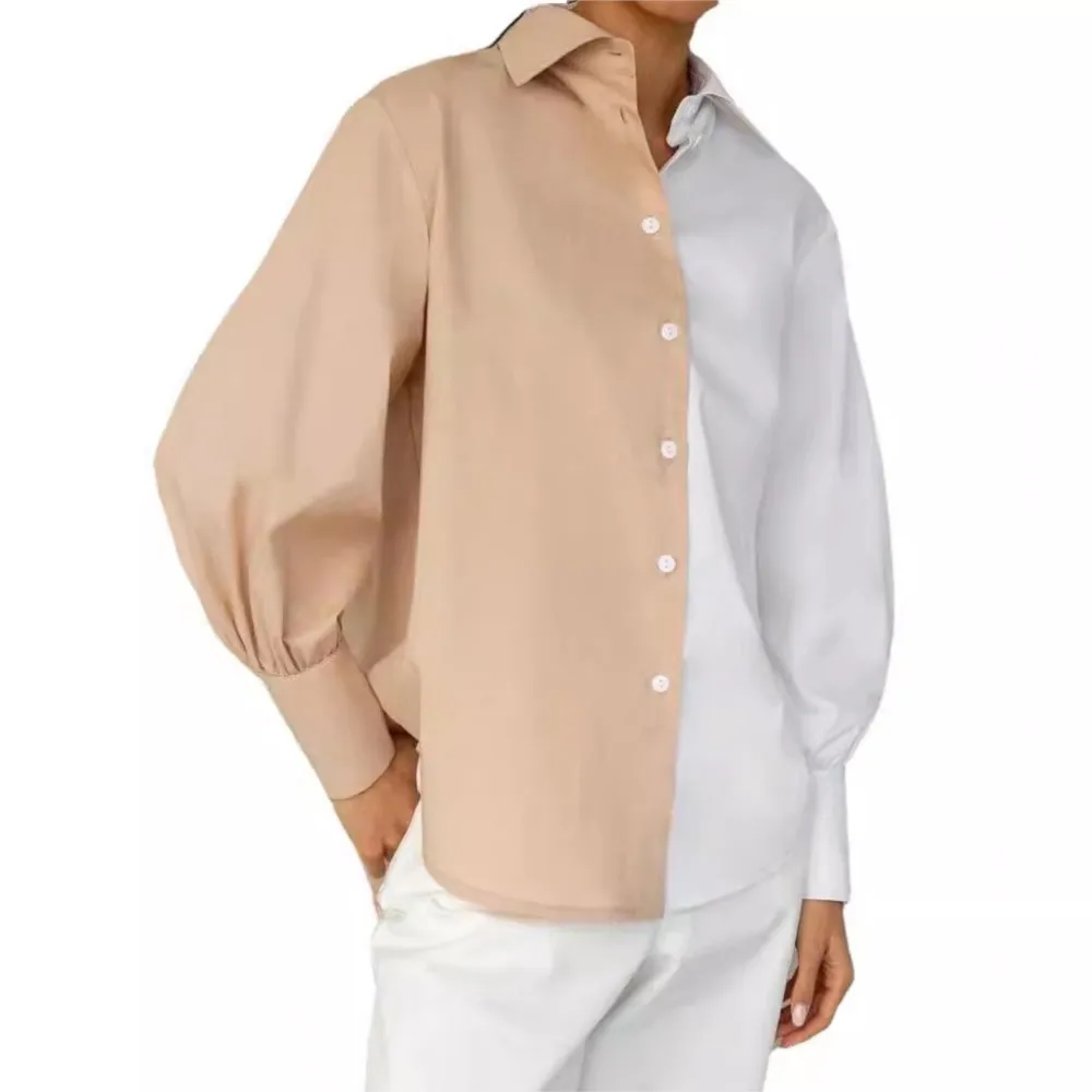 

Autumn New Long Sleeved Design With Patchwork Contrasting Color Women's Shirt Elegant Lantern Sleeves Loose Blouses Femme Blusas