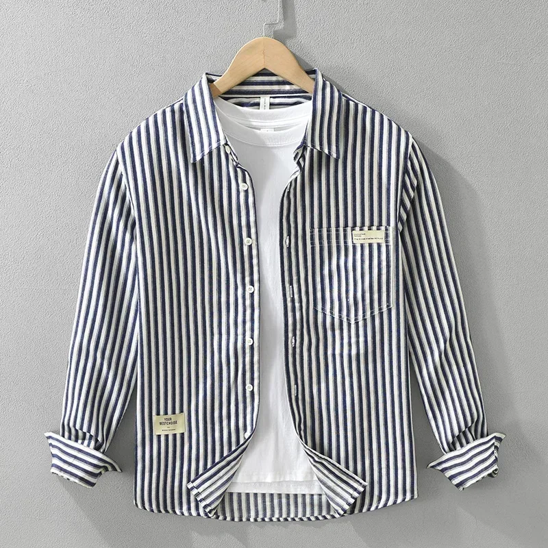 2024 Autumn New Casual Striped Shirts for Men Cotton Vintage Loose Shirts Men's Clothes